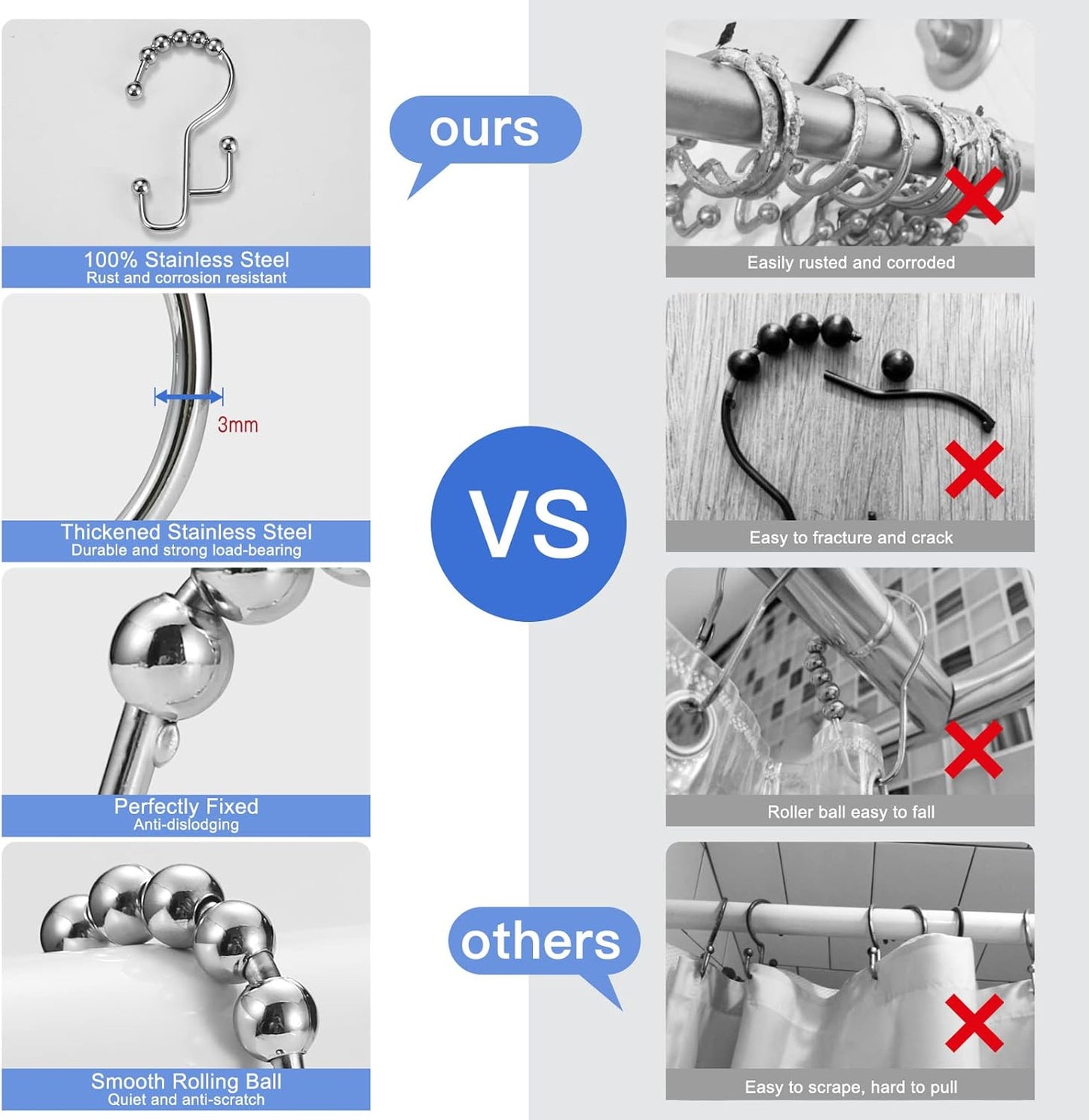 Shower Curtain Rings, SUTINE Shower Curtain Hooks, Stainless Steel Sliver Shower Curtain Hooks Rust Proof, Easy Sliding Double Shower Hooks for Shower Curtains & Liners, 12 Pcs (Chrome)