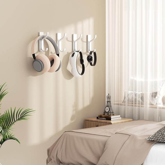 Self Adhesive Wall Hooks for Hanging - 13 LB Strong Hold, Sticky Hangers for Coat, Towel, Purse, Keys, Bag - for Wall, Door, Bathroom, Shower, Kitchen - Stainless Metal, White, 4 Pack