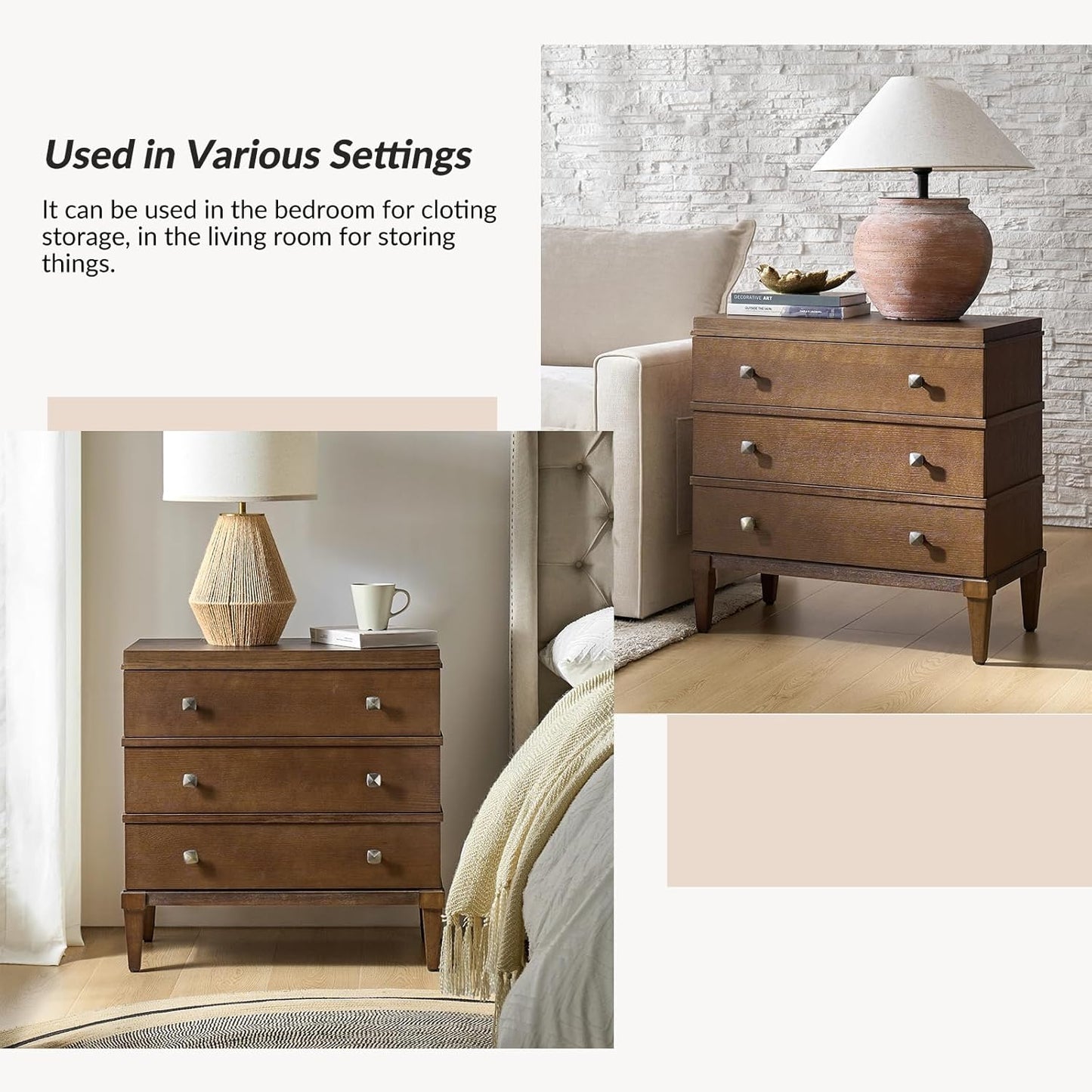 HULALA HOME 3-Drawer Nightstand with Charge Station, Farmhouse Nightstand with Solid Wood Legs, Set of 2(Walnut)