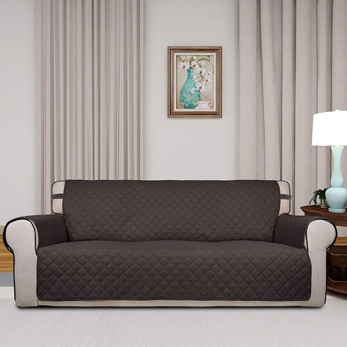 PureFit Reversible Quilted Sofa Cover, Water Resistant Slipcover Furniture Protector, Washable Couch Cover with Non Slip and Elastic Straps for Kids, Dogs, Pets (Sofa, Chocolate/Beige)