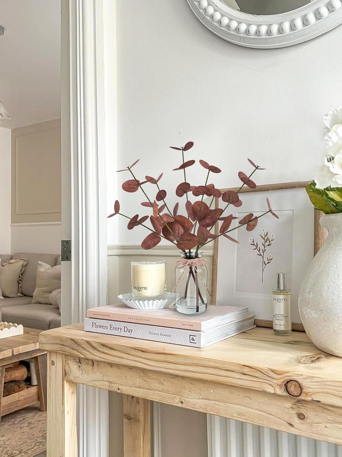 Artificial Eucalyptus Stems in Glass Vase with Faux Water, 14" Fake Plants for Home Decor, Coffee Table Centerpieces, Office, Bathroom & Farmhouse Weddings - Faux Plants Decorations