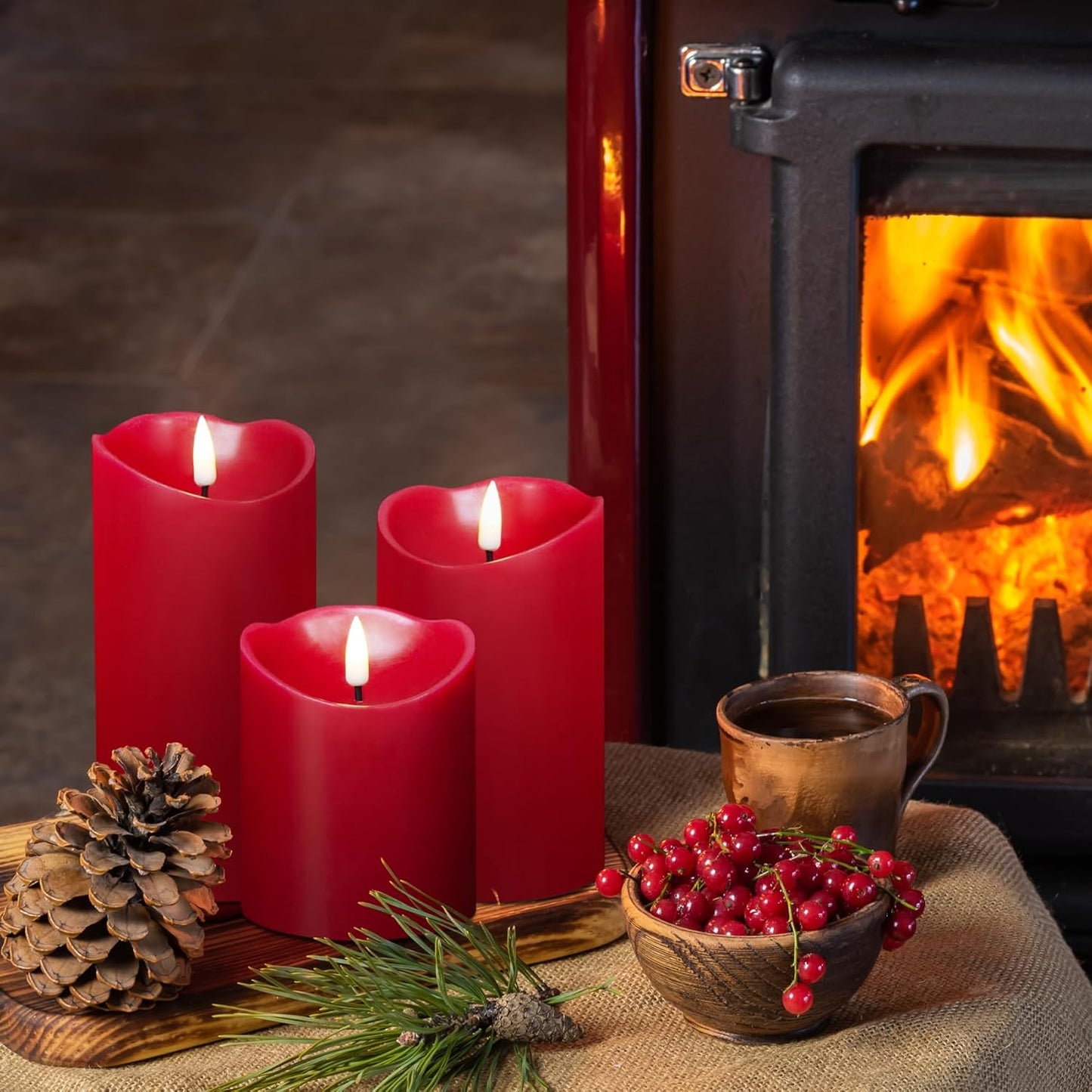 Eywamage Red Flameless LED Pillar Candles with Remote, Real Wax Flickering Battery Operated Christmas Candles Set of 3