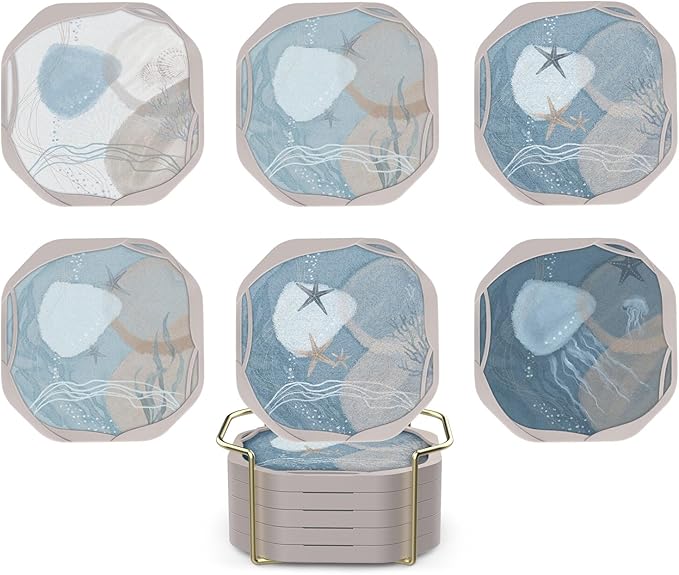 UMIRRO Absorbent Drink Coasters, Coastal Themed Cup Mat for Beach Lovers, Ocean Inspired Coffee Table Decor, Small Unique Birthday Gift Ideas for Men, Dad, Him, Women Mom, Her, 4", Bule, Set of 6