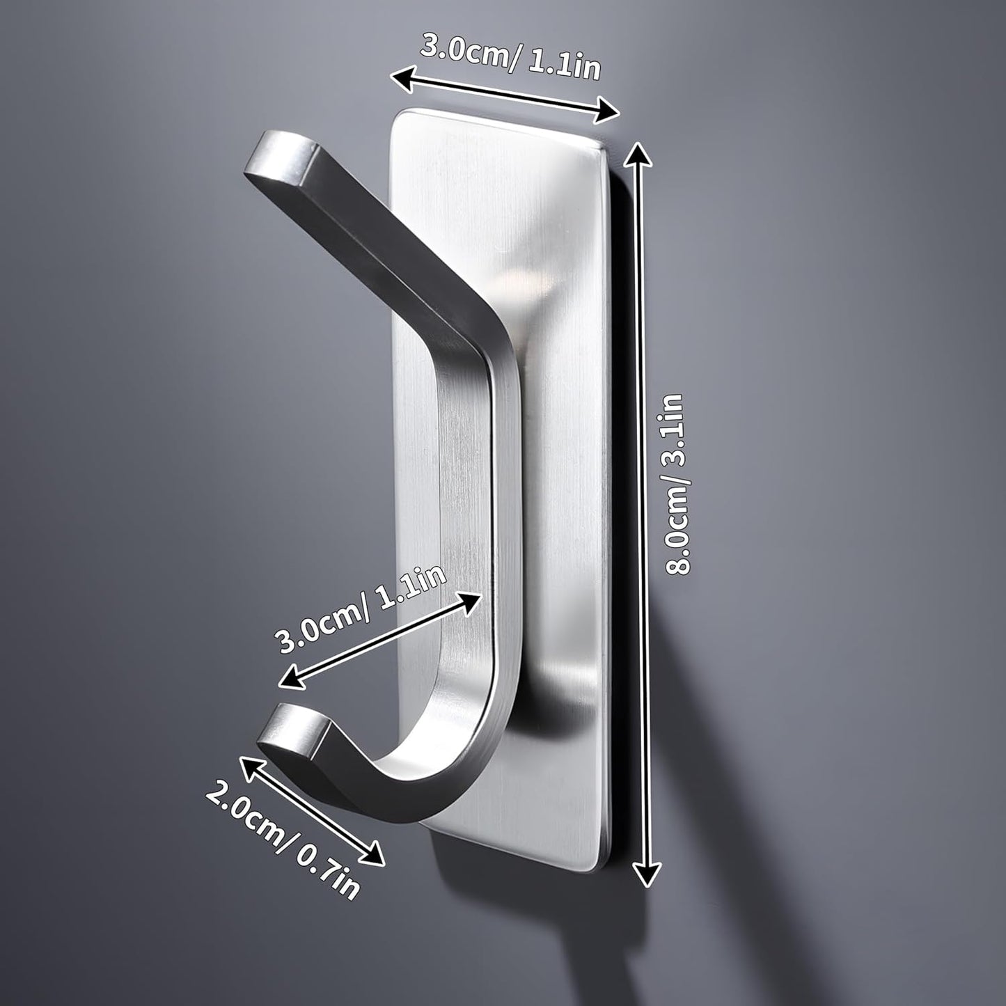 DELITON Adhesive Towel Hooks for Bathroom - 4 Pack Heavy Duty Stick on Wall Hooks, Waterproof Robe/Coat Hangers for Kitchen, Shower (Silver, Stainless Steel)