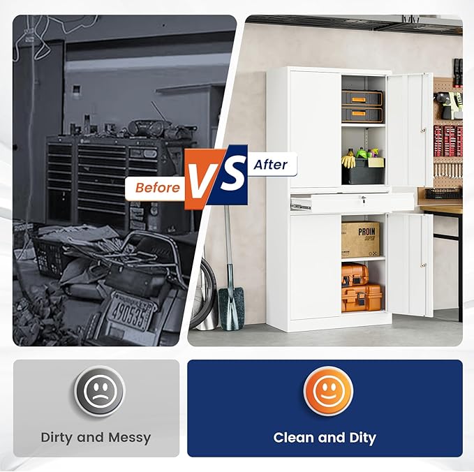 Yizosh Metal Garage Storage Cabinet with Locking Doors and Adjustable Shelves, 71" Tool Storage Cabinet with 1 Drawer for Garage,Office,Warehouse (White)