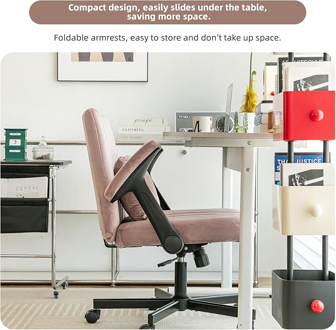 Furnimart Criss Cross Desk Char Wide Seat with Wheels and Arms, 360° Swivel Cross Legged Desk Chair Thick Cushion, Velvet Comfy Armless Home Office Chair for Bedroom, Vanity, Sturdy (Light Pink)