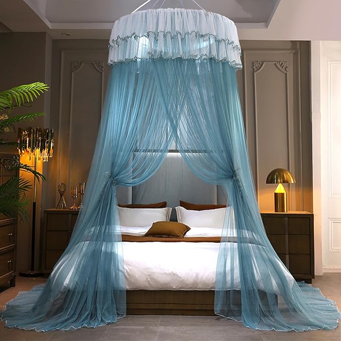 Kertnic Mosquito Net Bed Canopy for Girls, Princess Canopy Bed Curtain Fine Sheer Mesh Dome Bed Canopies, Kids & Adults Lace Tent for Twin Full Queen King Bed (Lake Blue)
