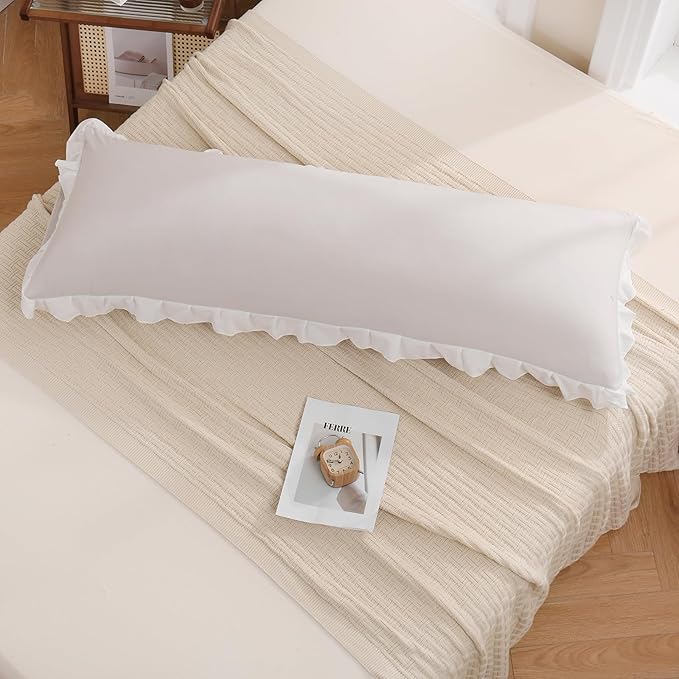 Merryword Beige Body Pillow Cover 20x54inches Beige and White Reversible Long Pillowcase Ruffled Body Pillowcases Cute Pillowcase Pillow Sham (1 Body, Beige White)