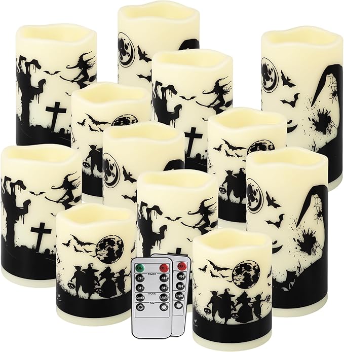 12-Pack Waterproof Flameless LED Candles - Remote Control & Timer, Dimmable Flickering for Halloween Decor Indoor/Outdoor, Haunted House, Party, Graveyard