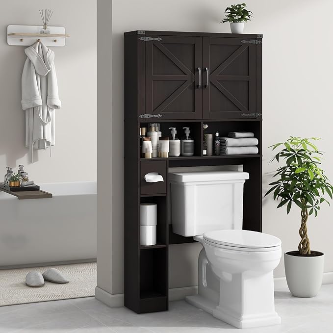 Over The Toilet Storage Cabinet, Farmhouse Storage Cabinet Over Toilet with Barn Doors & Toilet Paper Holder Stand,Home Space-Saving Toilet Rack, for Laundry, Bathroom, Restroom(Espresso).