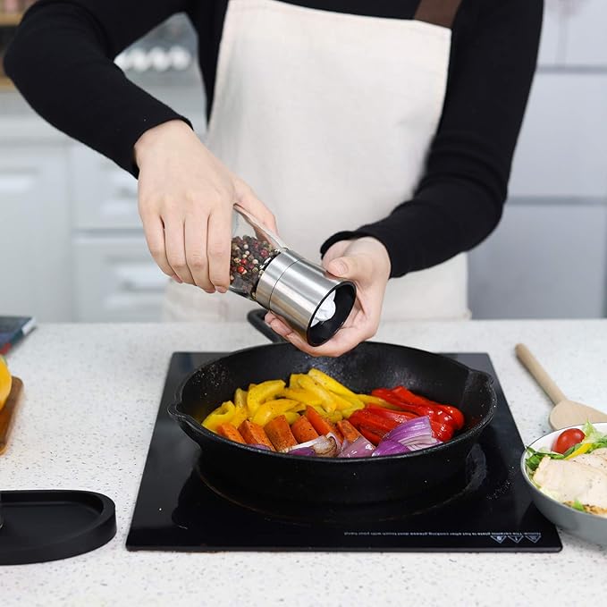 VEVOK CHEF Salt and Pepper Grinder Set Stainless Steel Adjustable Coarseness Ceramic Pepper Mill Salt Crusher with Silicone Tray Salt and Pepper Shaker Spice Grinder Kitchen