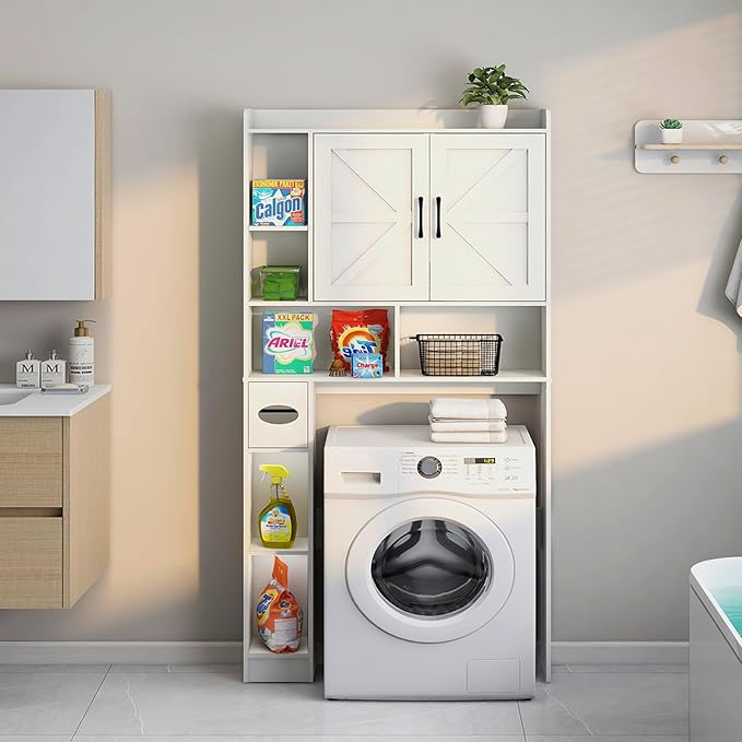 Over The Toilet Storage Cabinet, Farmhouse Storage Cabinet Over Toilet with 2 Barn Door & Toilet Paper Holder Stand, Home Space-Saving Rack, for Bathroom, Restroom (White).
