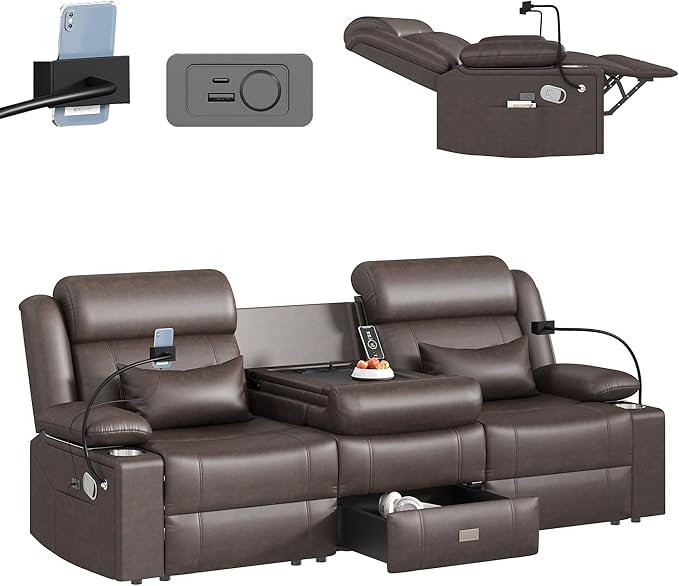 Home Theater Seating,RV Reclining Sofa Set with Adjustable Headrest, Recliner Sofa with Heat and USB&Type-C, Dawer & Cup Holders, 150° Recline for RV & Living Room(3-Seater Brown)