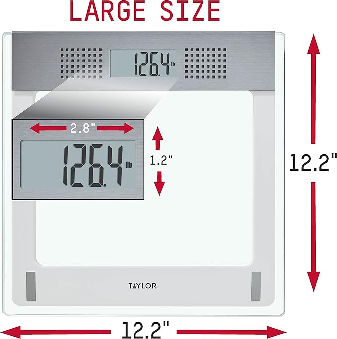 Taylor Digital Bathroom Talking Scale, 5 Languages, Scales Body Weight, White Scale Clear Glass Stainless Steel Accents, 440LB Capacity, Clear Stainless Steel Accents (5294756)