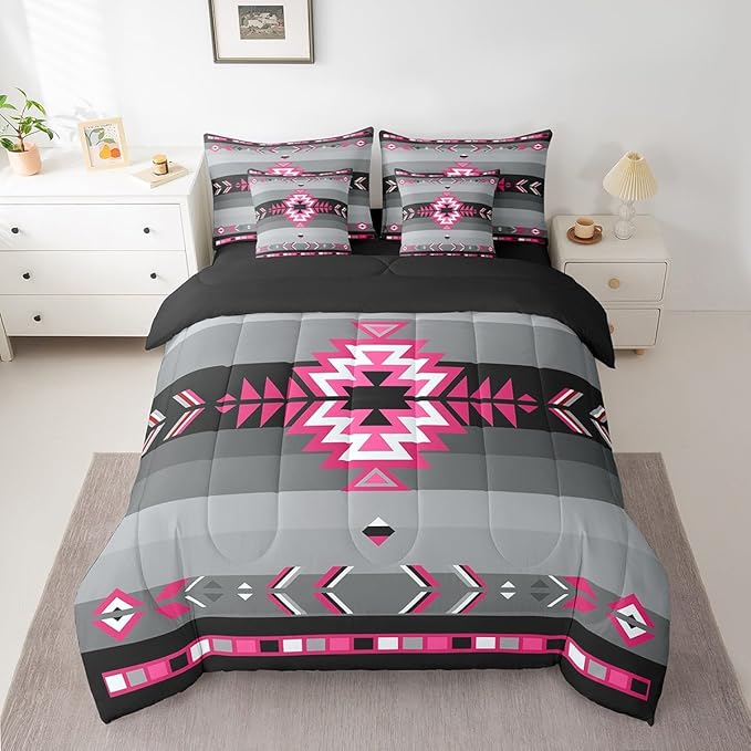 Southwest Native American Bedding Set King Southwestern Geometric 7 Piece Bedding Set Decor Tribal Rose Pink Grey Black Bed Set Includes Comforter, Sheet Set, Pillowcases & Pillow Covers Modern Art