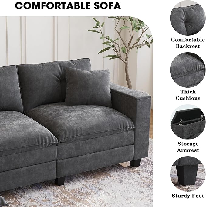 137",U Shaped Couch,Modern Modular Sectional Sofa, 4-Seater Comfy Cloud Couch with Two Movable Ottoman & Throw Pillows for Living Room, Bedroom and Apartment, Dark Gray