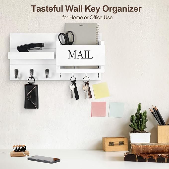 Mail Organizer for Wall Mount – Key Holder with Shelf Includes Letter Holder and Hooks for Hallway Farmhouse Decor – Rustic Wood with Flush Mounting Hardware (16.5” x 9.1” x 3.4”) (White)