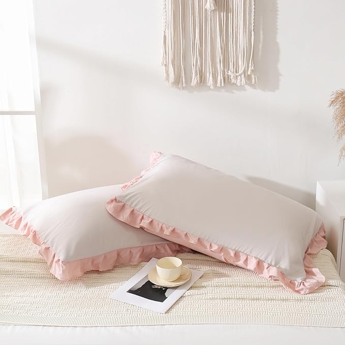 Merryword Pink and Beige Reversible King Pillow Shams - Cute Ruffled Pillowcases Set of 2, Soft Shabby Chic Cover (20"x36")