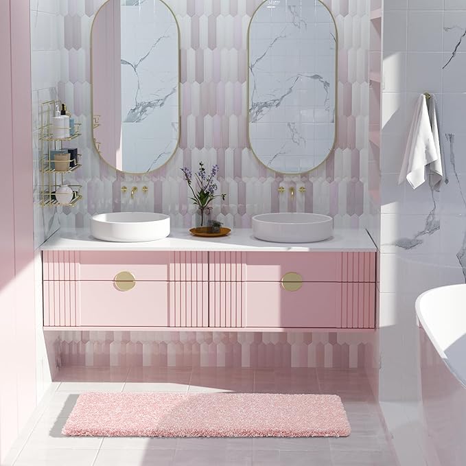 Yimobra Luxury Bathroom Rugs, Fluffy Bath Mats, Non Slip, Water Absorbent Microfiber, Machine Washable, Plush Soft Shower Rugs, Thick Matts for Bathroom Floor&Tub, 47"x 24", Light Pink and White