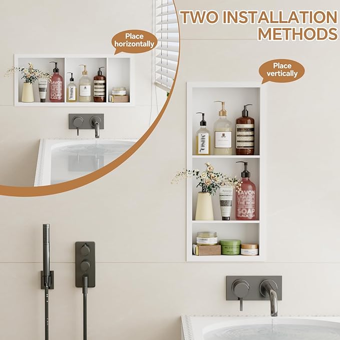 3-Tier Stainless Steel Shower Niche Insert, 29'' * 12'' No Tile Needed Bathroom Niche for Shower Wall, Recessed Wall Cabinet Shelves for Drywall, Living Room, in Wall Shower Shelves, White