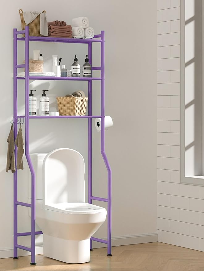 3-Tier Over The Toilet Storage, Space Saver Metal Bathroom Shelves, Freestanding Above Over Toilet Storage Shelf with 4 Hooks for Bathroom, Purple