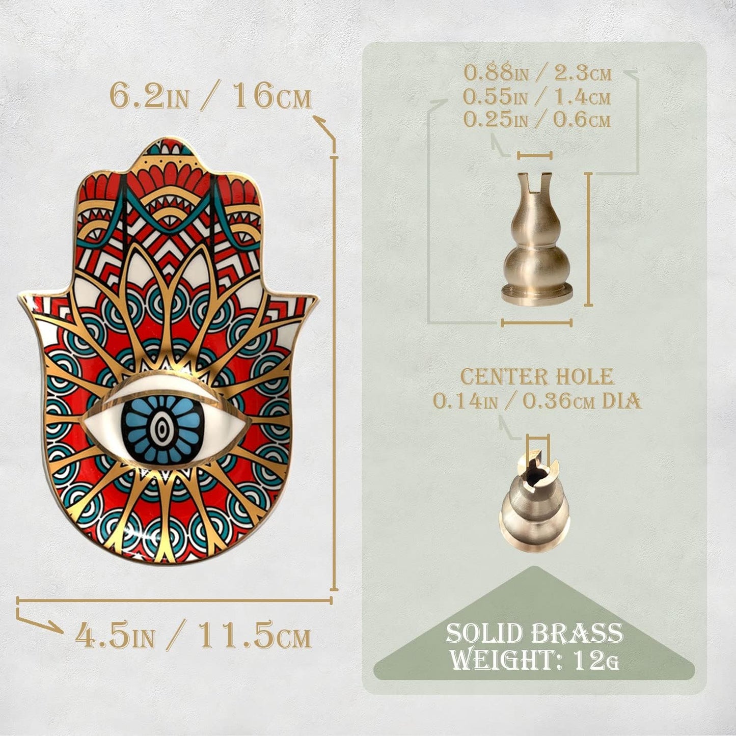 Ceramic Hamsa Hand Incense Holder - 2 in 1 Brass Incense Holder for Sticks and Coil Incense- Zen Decor with Hand of Fatima Design Protection from Evil - 6.2" L X 4.5" W (red)