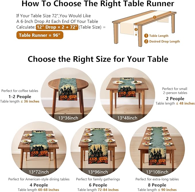 Halloween Table Runner with Haunted Castles, Bats & Pumpkins, Table Decoration for Dining Party and Home Decor,96x13 inches
