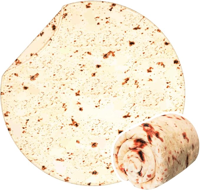 Vessia Burritos Tortilla Throw Blanket (Beige, 71 inches), Giant Realistic Funny Food Blanket for Adults and Teenagers, Novelty Double Sided Round Tortilla Wrap Home Decor for All Seasons