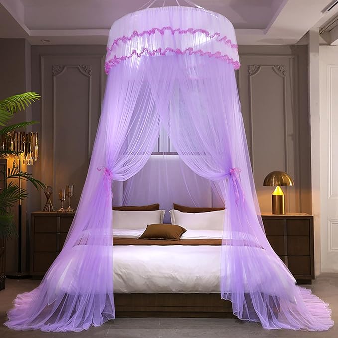 Kertnic Mosquito Net Bed Canopy for Girls, Princess Canopy Bed Curtain Fine Sheer Mesh Dome Bed Canopies, Kids & Adults Lace Tent for Twin Full Queen King Bed (Light Purple)