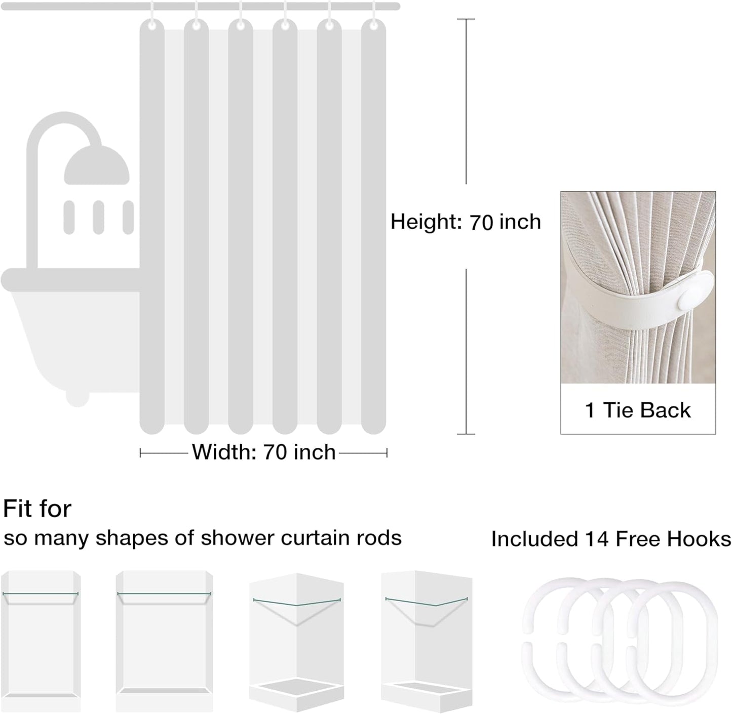 Jubilantex Folding Linen Shower Curtain for Bathroom Blue Waterproof Shower Curtain 1 Panel with 14 Metal Grommets and 1 Tie Back for Hotel,70"x70"