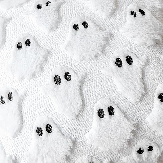 4TH Emotion Halloween Ghost Decorative Pillow Covers 20x20 Set of 2, White Soft Plush Faux Fur Farmhouse Throw Cushion Cases for Fall Autumn Holiday Home Decorations