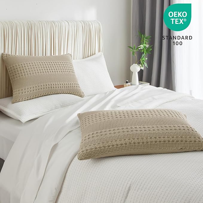 PHF Waffle Weave Pillow Shams King Size, 2 Pack 100% Cotton Pillowcases 20" x 36", No Insert, Soft & Breathable Aesthetic Woven Pillow Case Covers for Bedroom Decor, Khaki
