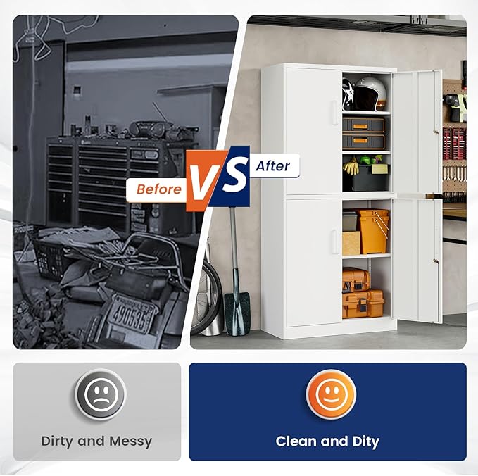 Yizosh Metal Storage Locking Cabinet with 4 Doors and 2 Adjustable Shelves,71" Lockable Garage Tall Steel Cabinet,for Home Office,Living Room,Pantry,Gym,Commercial Storage (White)