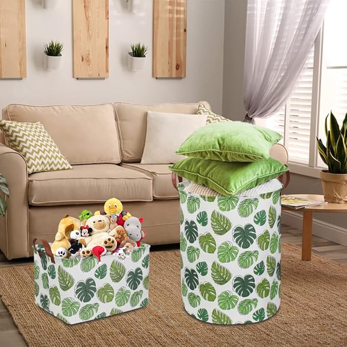 Round Green Laundry Hamper, Jungle Themed Nursery Decor, Tropical Pattern Basket, Monstera Room Decor,Waterproof Storage Bin, Gift Basket(Leaf)