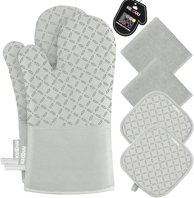 KEGOUU Oven Mitts and Pot Holders 6pcs Set, Kitchen Oven Glove High Heat Resistant 500 Degree Extra Long Oven Mitts and Potholder with Non-Slip Silicone Surface for Cooking (Greenish Gary)