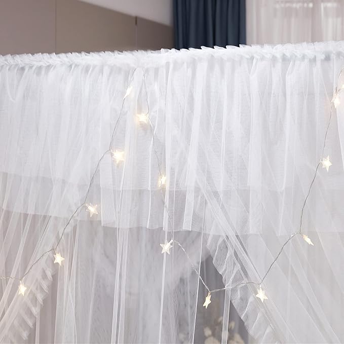 VETHIN 4 Corners Post Ruffle Princess Bed Canopy Curtain-Double Layer Cozy Drape Netting 4 Opening Mosquito Net for Girls Adults Bedroom Decoration (White/White, 47" W*78" L*82" H/Twin)