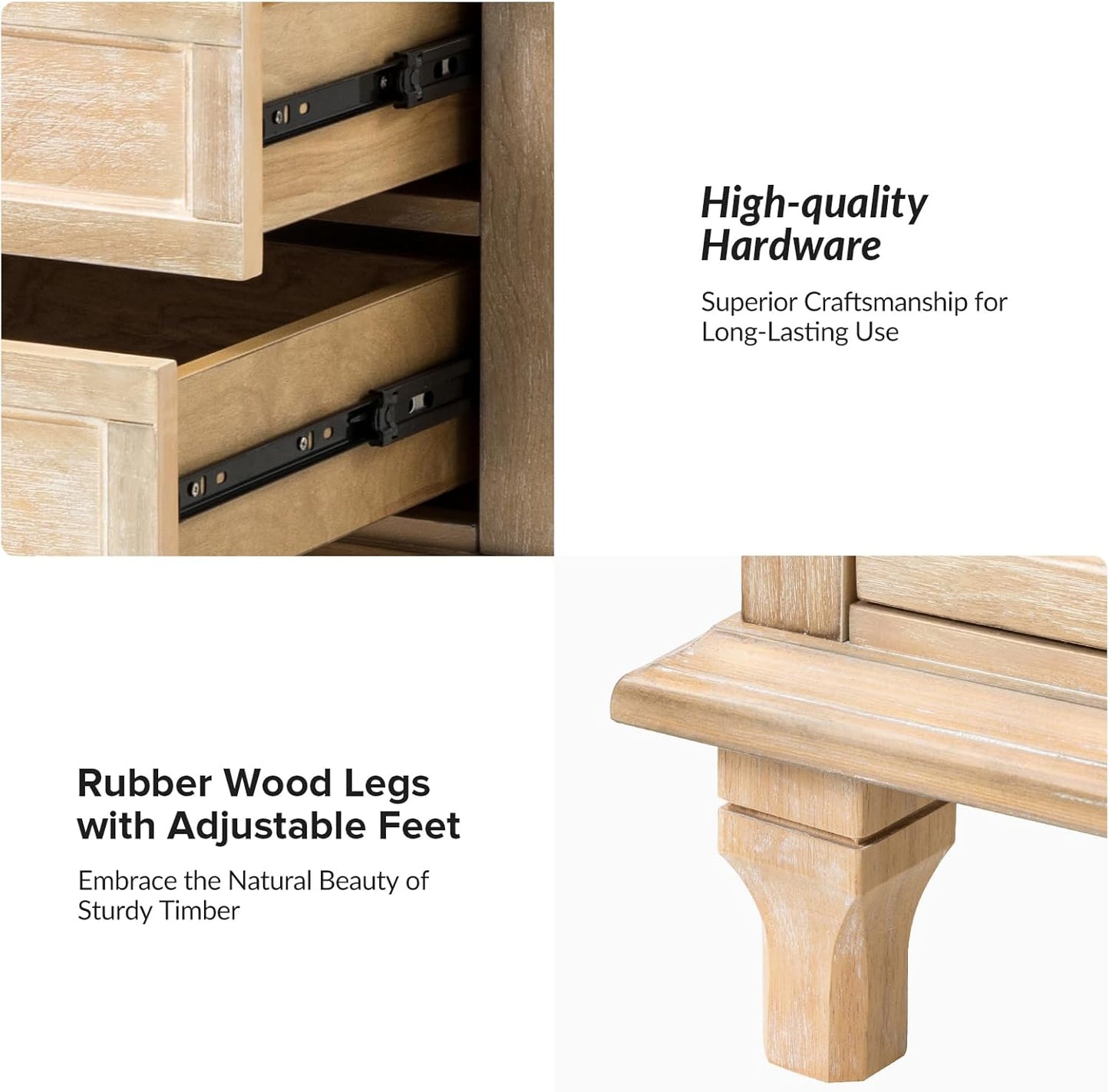 HULALA HOME Farmhouse 3 Drawer Nightstand with Tray, Drawer Organizer with Solid Wood Legs, Nightstand with Charging Station(Set of 2, Natural)