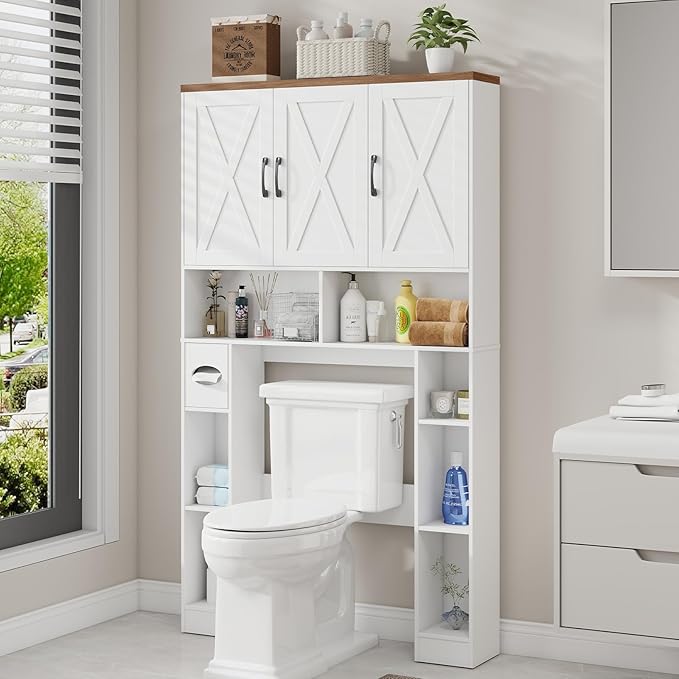 Over The Toilet Storage Cabinet, Farmhouse Toilet Cabinet Rack with 3 Barn Doors, Space Saving Bathroom Organizer with Shelves, Toilet Paper Holder and Towel Rack for Bathroom,Restroom,Laundry, White