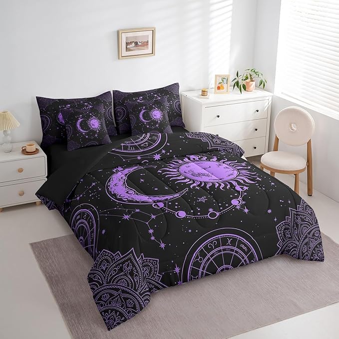 Sun and Moon 7 Piece Bedding Set, Constellation Galaxy Comforter Set Cover for Kids Boys Girls Teens Psychedelic Boho Mandala Bedding Set Celestial Puprle Black Full Size