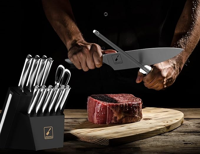 imarku 15 PCS Kitchen Knife Set with Diamond Shaped Handle Dishwasher Safe Kitchen Knives Premium German High Carbon Stainless Steel Chef Knife Set, Father's Day Gifts
