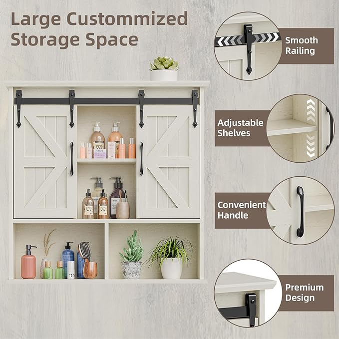 Vabches Bathroom Wall Cabinet, Farmhouse Medicine Cabinet with Double Sliding Barn Door and Adjustable Shelves, Wooden Vintage Storage Cabinet Wall Mounted for Bathroom, Kitchen Dining, White