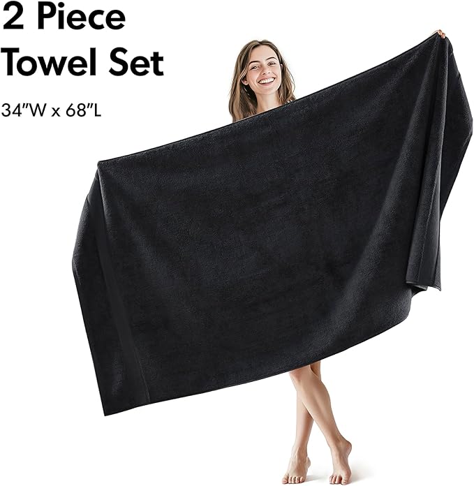 Madison Park 800GSM Bath Sheet Towel Oversized 34" x 68" 2 Pack 100% Cotton Bath Towel Set Highly Absorbent Hotel Spa Quality for Bathroom, Black
