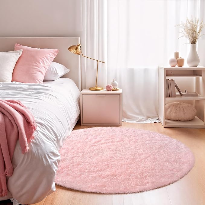 Pink Round Rug for Bedroom, 4Ft Fluffy Circle Area Rugs for Living Room, Shag Fuzzy Carpet for Kids Room, Nursery, Dorm, Classroom, Teen, Cute Baby Play Mat Home Decor Aesthetic
