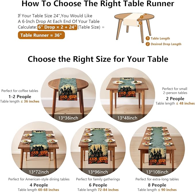 Halloween Table Runner with Haunted Castles, Bats & Pumpkins, Table Decoration for Dining Party and Home Decor,36x13 inches