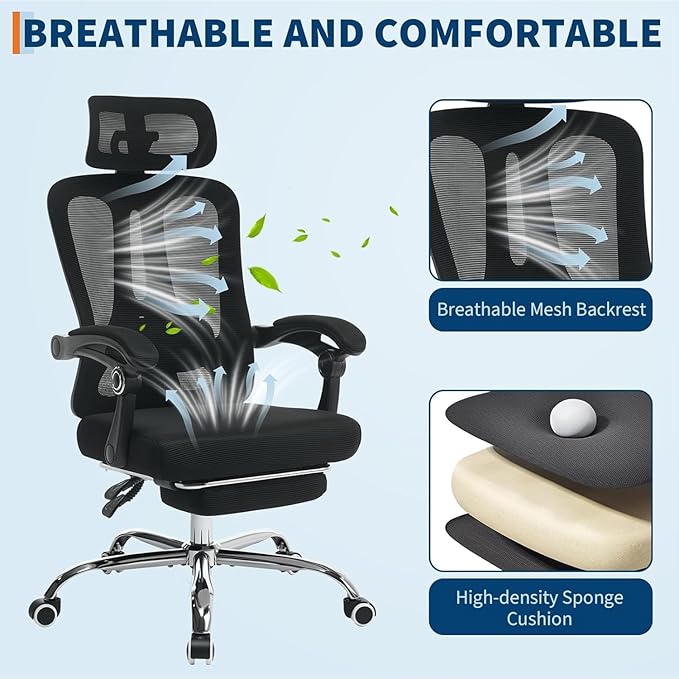 Ergonomic Office Chair, Adjustable Headrest and Lumbar Support, Retractable Footrest, HomeOffice Computer Executive Desk and Chair with Wheels for Home Office,Black with Pillow