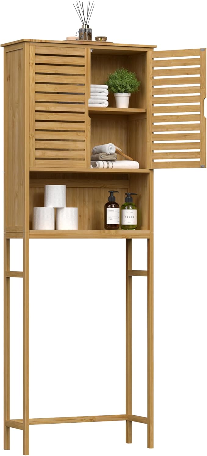 MUPATER 67" H Bathroom Over-The-Toilet Storage Cabinet with Doors and Shelves, Bamboo Over Toilet Organizer, Freestanding Tall Space Saver Toilet Rack, Natural Wood