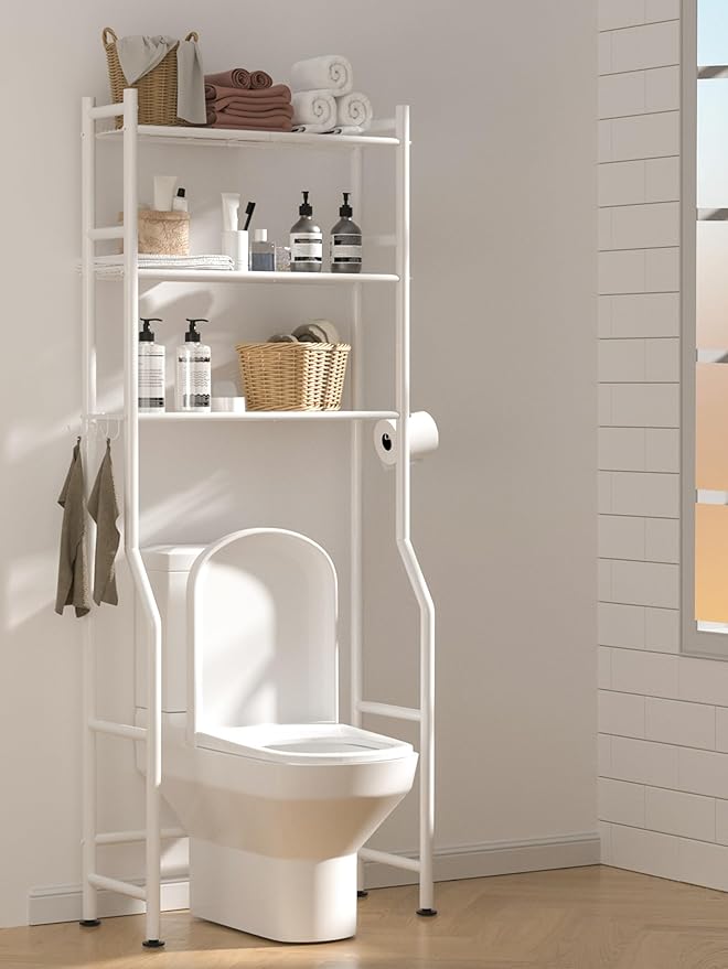 3-Tier Over The Toilet Storage, Space Saver Metal Bathroom Shelves, Freestanding Above Over Toilet Storage Shelf with 4 Hooks for Bathroom, White