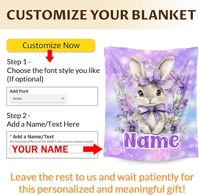 Kids Blanket for Girls Women Custom Bunny Blanket Gift for Birthday, Cozy Warm Rabbit Flannel Throw for Bed Sofa Room