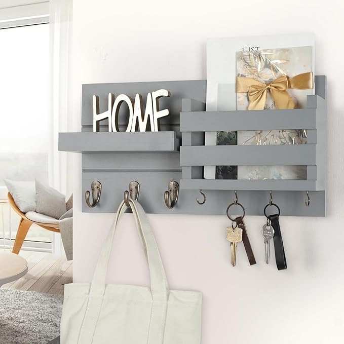 Mail Organizer for Wall Mount – Key Holder with Shelf Includes Letter Holder and Hooks for Coats, Dog Leashes – Rustic Wood with Flush Mounting Hardware (16.5” x 8.7” x 3.5”) (Gray)