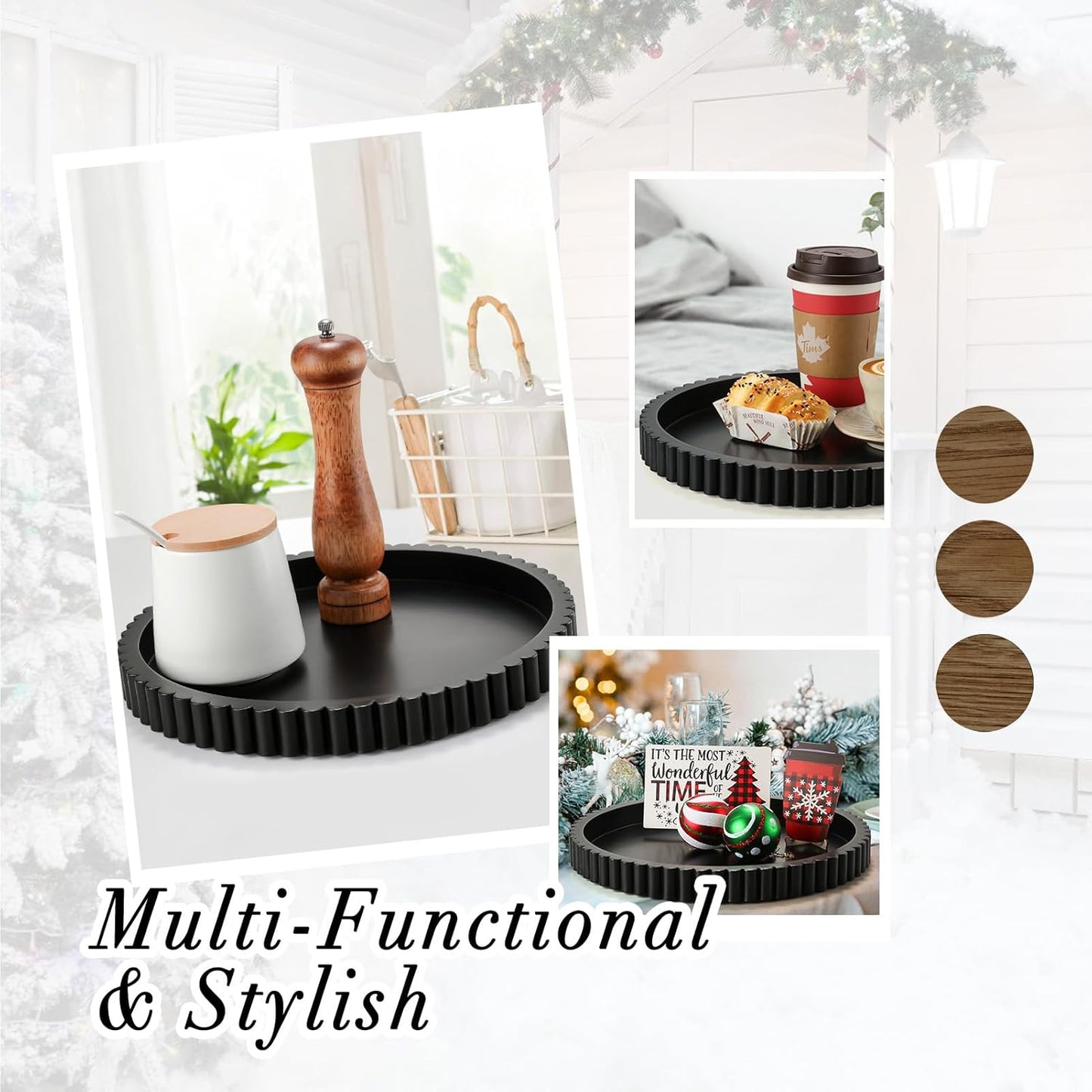 Handmade 12in Decorative Tray for Coffee Table Tray Decor, Black Wooden Decorative Round Tray for Kitchen, Living Room, Home Decor